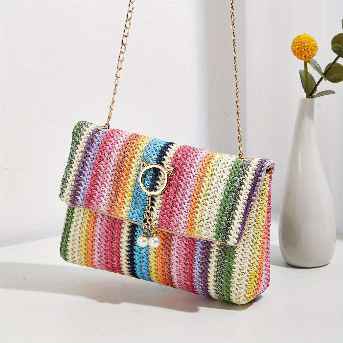 solvbao  Rainbow Straw Woven Beach Bag, Fashion Chain Crossbody Bag, Colorful Stripes Square Purse