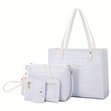 4pcs Crocodile Pattern Tote Bag Set, Women's Vintage Handbag With Crossbody Bag Wristlet Clutch Purse Card Holder