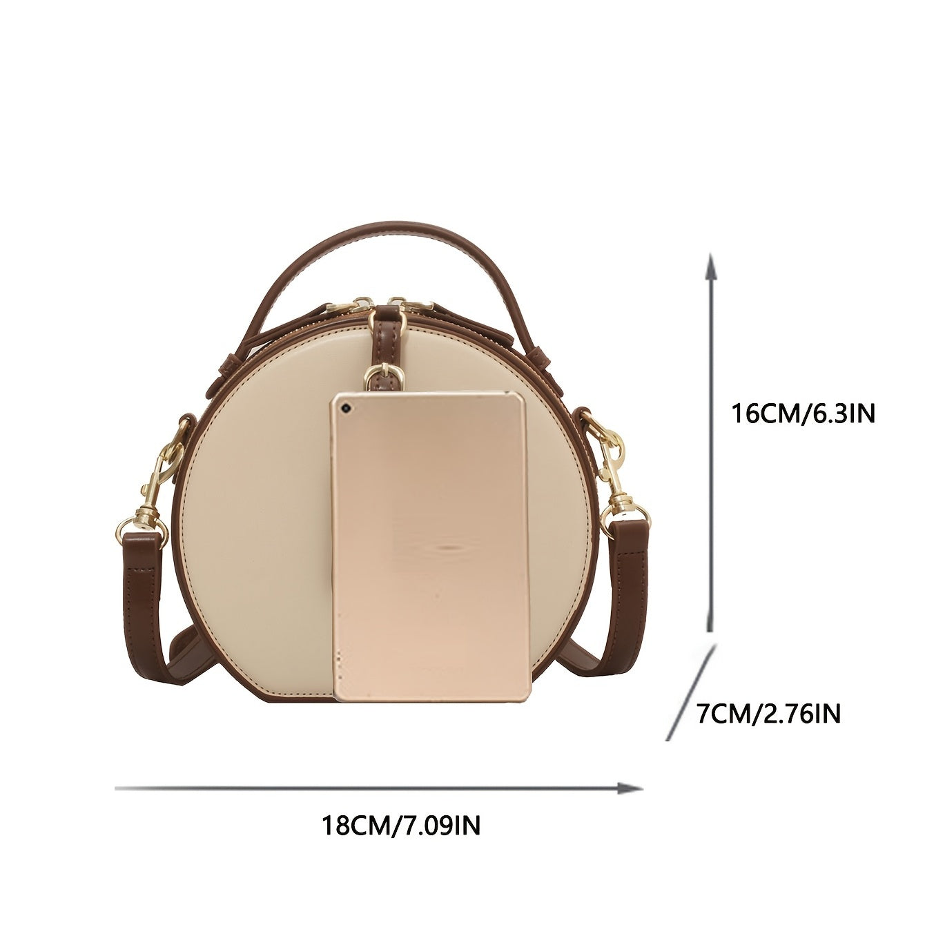 solvbao  Round Crossbody Bag With Bag Charm, Women's Double Zipper Shoulder Bag, Two Tone Elegant Handbag