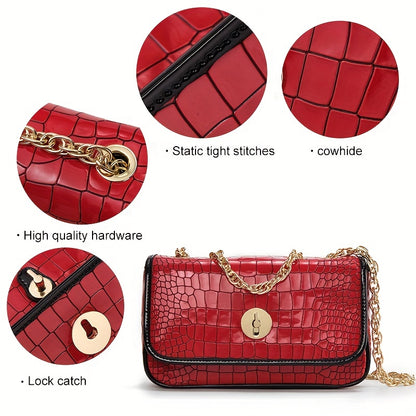 solvbao  Crocodile Pattern Crossbody Bag, Genuine Leather Flap Purse For Women, Luxury Chain Shoulder Bag With Turn Lock