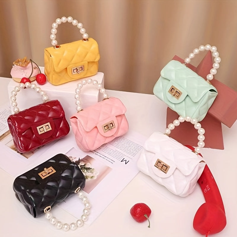 solvbao  Mini Jelly Handbag For Girls, Faux Pearl Handle Coin Purse, Trendy Chain Crossbody Bag (12.45*8.89*5.08cm)