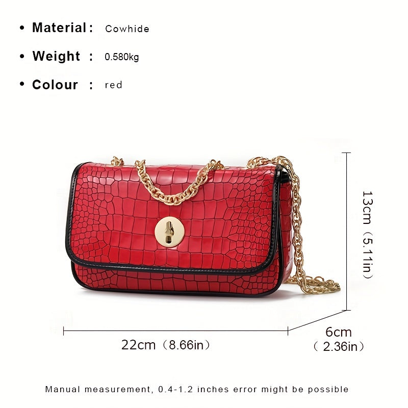 solvbao  Crocodile Pattern Crossbody Bag, Genuine Leather Flap Purse For Women, Luxury Chain Shoulder Bag With Turn Lock