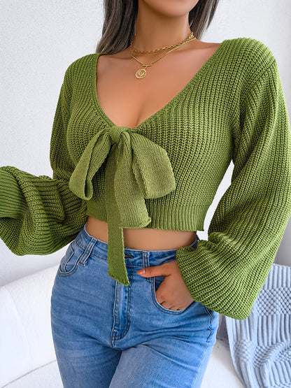 solvbaoBowknot V Neck Cropped Sweater, Casual Lantern Long Sleeve Loose Fall Winter Cropped Knit Sweater, Women's Clothing