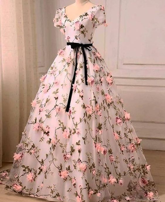 Solvbao Beautiful Flowers V-neckline Short Sleeves Long Party Dress, Ball Gown Sweet 16 Dress