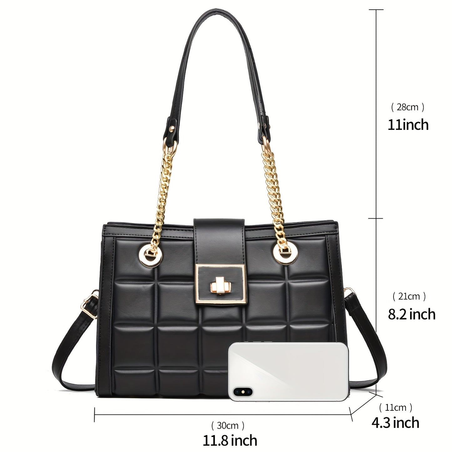 solvbao  Plaid Embossed Crossbody Bag,  Trendy Chain Shoulder Bag, Turn Lock Handbags For Work