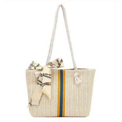 solvbao  Striped Pattern Straw Tote Bag, Travel Beach Shoulder Bag, Simple Bag With Scarf Decor