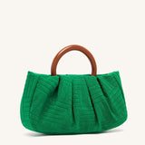 Top Handle Ruched Bag, Green Jacquard Fabric Handbag, Women's Elegant Clutch Purse (9.84*6.3*2.36) Inch