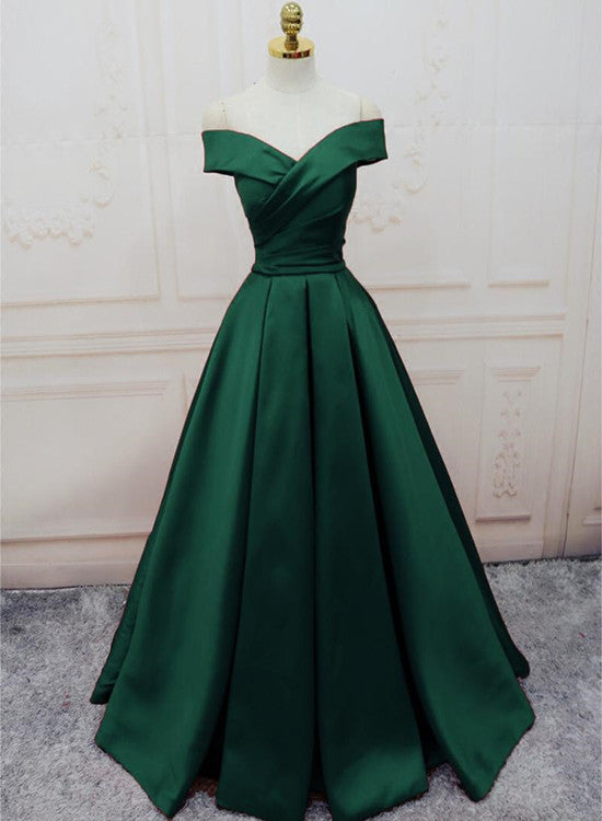 solvbao Green Satin Off Shoulder Lace-up Formal Gown, Senior Prom Dresses