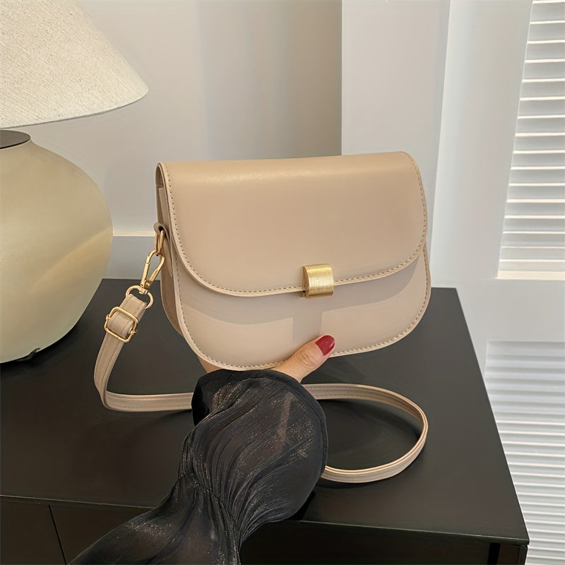 solvbao Minimalist Small Saddle Bag, All-Match Solid Color Flap Shoulder Purse, PU Leather Handbag