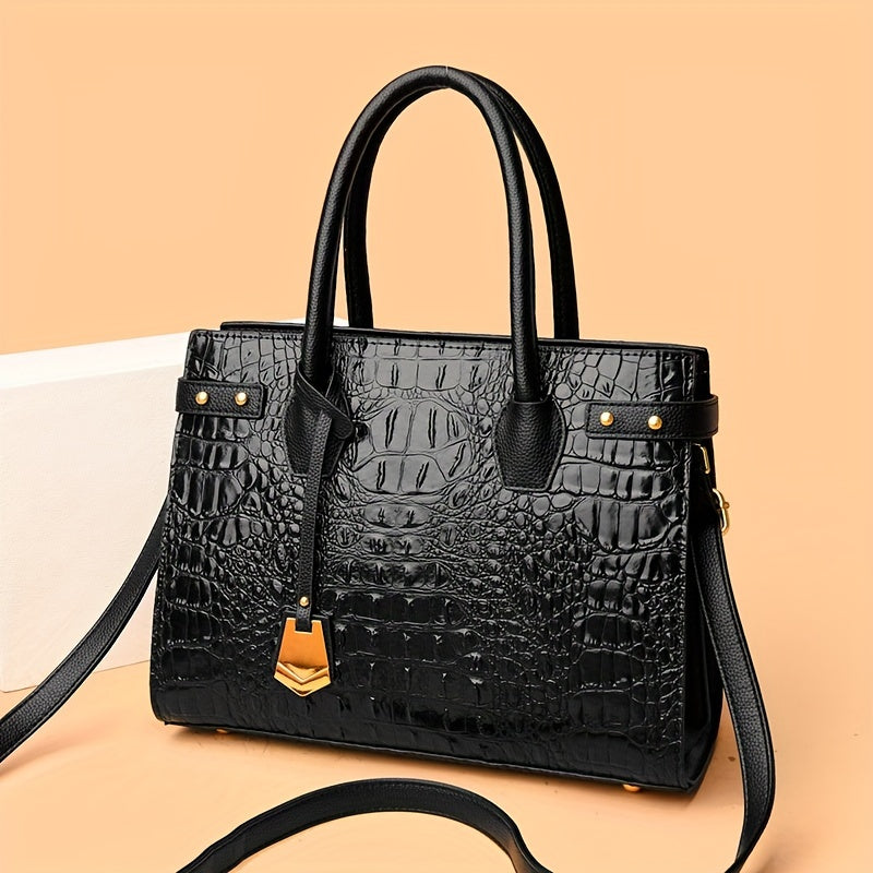 solvbao Crocodile Pattern Glossy Top Handle Large Capacity Tote Bag, PU Leather Textured Shoulder Bag, Casual Versatile Commuter Bag