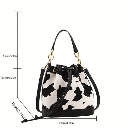 solvbao  Cow Pattern Bucket Bag, Trendy Stitching Crossbody Bag, Women's Small Drawstring Purse