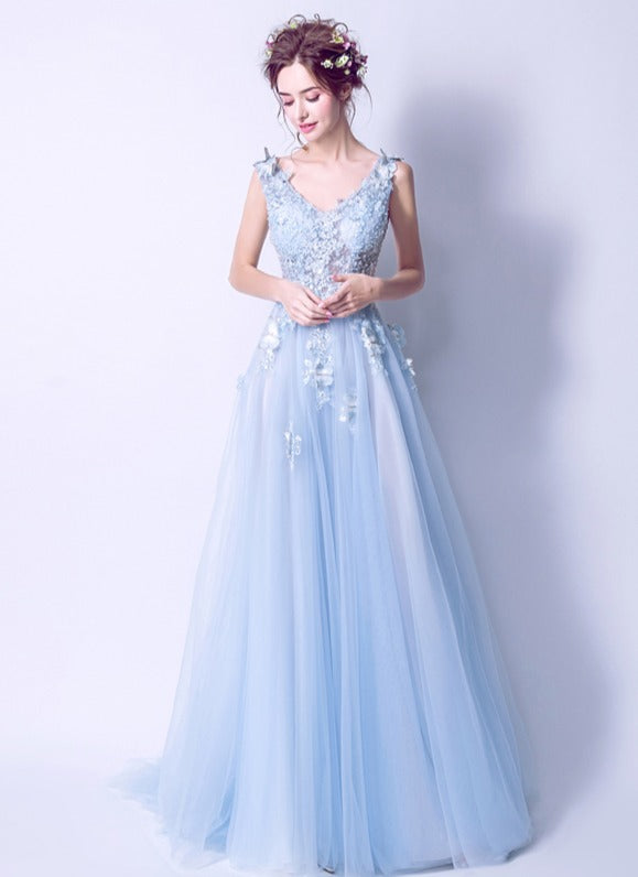 Solvbao Light Blue Tulle Beaded Flowers V-neckline Prom Dress, Long Blue Party Dress Evening Dress