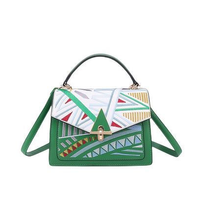 solvbao  Geometric Pattern Flap Square Bag, Women's Colorblock Embroidery Shoulder Crossbody Purse With Buckle