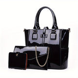 3Pcs Patent Leather Bag Set, Fashion Handbags With Chain Crossbody Bag & Clutch Purse & Card Holder