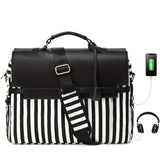 Striped Functional Laptop Bag, Casual Canvas Handbag, Women's Computer Briefcase With USB Charging Port