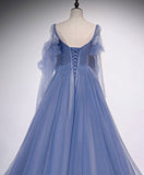 solvbao Blue Tulle Beaded Sweetheart Unique Long Prom Dress, Blue Evening Dress Formal Dress