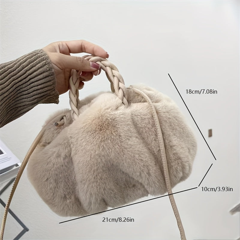 solvbao  Plush Cloud Ruched Handbag, Fashion Faux Fur Crossbody Bag, Women's Fluffy Purse With Braided Handle