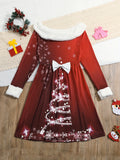 Girls Bow Christmas Tree Graphic Long Sleeve Dress Spring Fall Christmas Gift