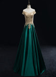 Solvbao Beautiful Satin with Gold Lace Applique Long Party Dress, New Prom Dress