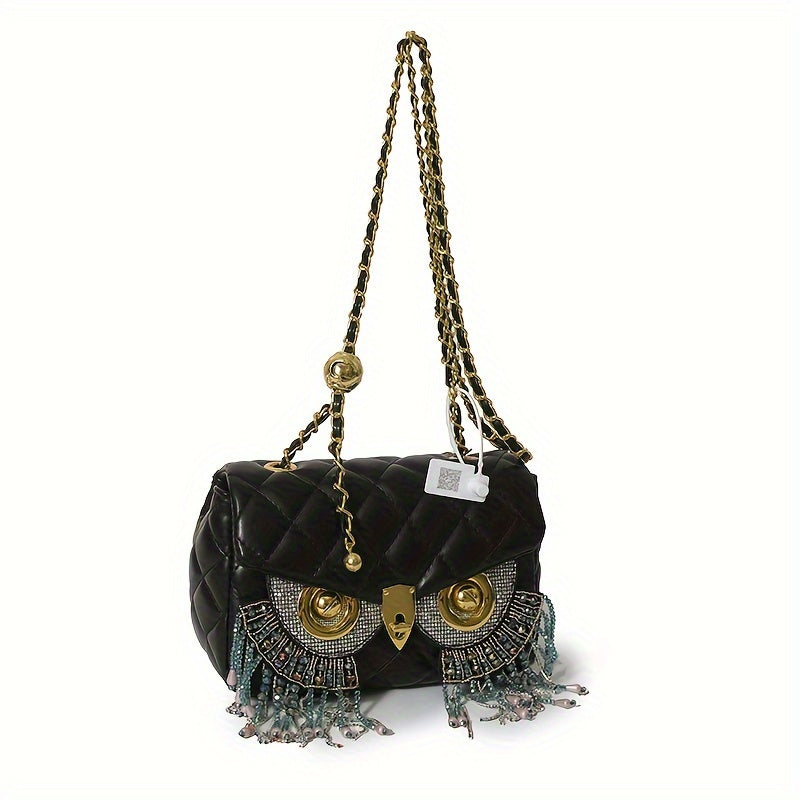 solvbao  Retro Owl Design Textured Shoulder Bag, Tassel Decor Glitter Small Shoulder Bag, Women's Elegant Wallet