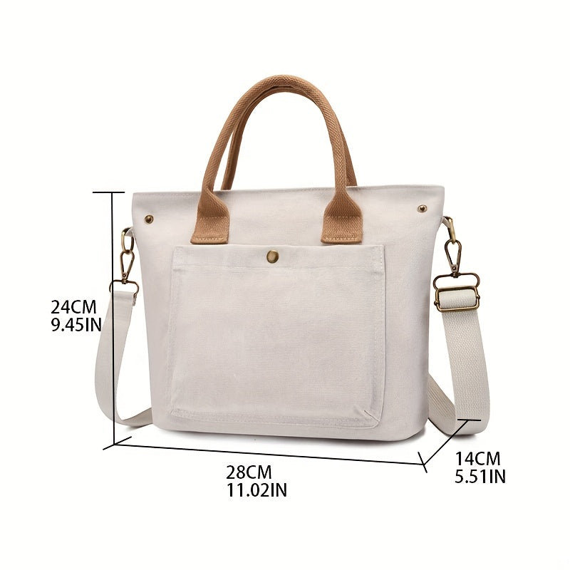 solvbao  Simple Canvas Tote Bag, Pocket Front Crossbody Bag, Portable Storage Handbags With Zipper