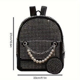 solvbao Trendy Rivet Decor Backpack, Faux Pearls Chain Decor Knapsack & Round Coin Bag, Perfect Daypack For Daily Use