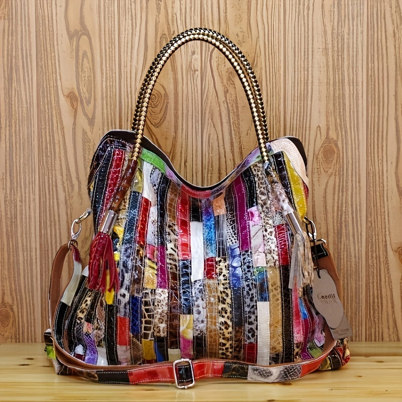 solvbao  Snake Pattern Colorblock Stitching Bag, Niche Retro Hobo Satchel Bag, Top Handle Bag For Women