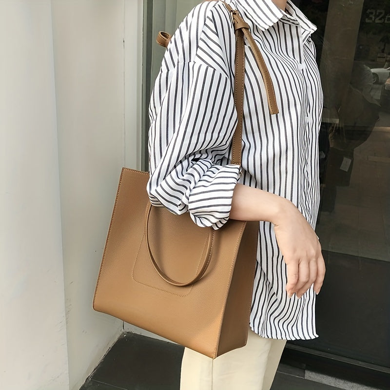 Simple Solid Color Tote Bag, PU Lightweight Shoulder Bag, Women's Shopping Everyday Commuter Bag