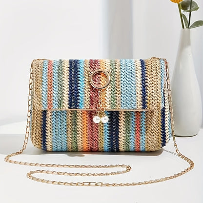 solvbao  Rainbow Straw Woven Beach Bag, Fashion Chain Crossbody Bag, Colorful Stripes Square Purse