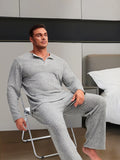 2 Pcs Men's Simple Design Henley Collar Pit Strip Long Sleeves & Pants Premium Pajama Sets, Comfortable & Skin-friendly Style Pajamas For Men's Cozy Loungewear