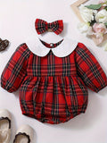 2pcs Baby Girls Cute Doll Collar Plaid Long Sleeve Outdoor Triangle Bodysuit & Headband For Christmas Autumn And Winter