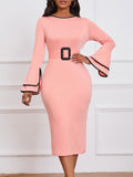 Plus Size Elegant Pencil Dress - Crew Neck, Long Sleeve, Slight Stretch, Solid Color, Knit Fabric, All-Season, Bodycon Fit, Belted Waist, No Printing, No Sheer - Womens Casual Wear