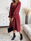 Long Sleeved Brushed A-line Women's Dress with Checkered Print, Elastic Waistband, Front and Back Tied