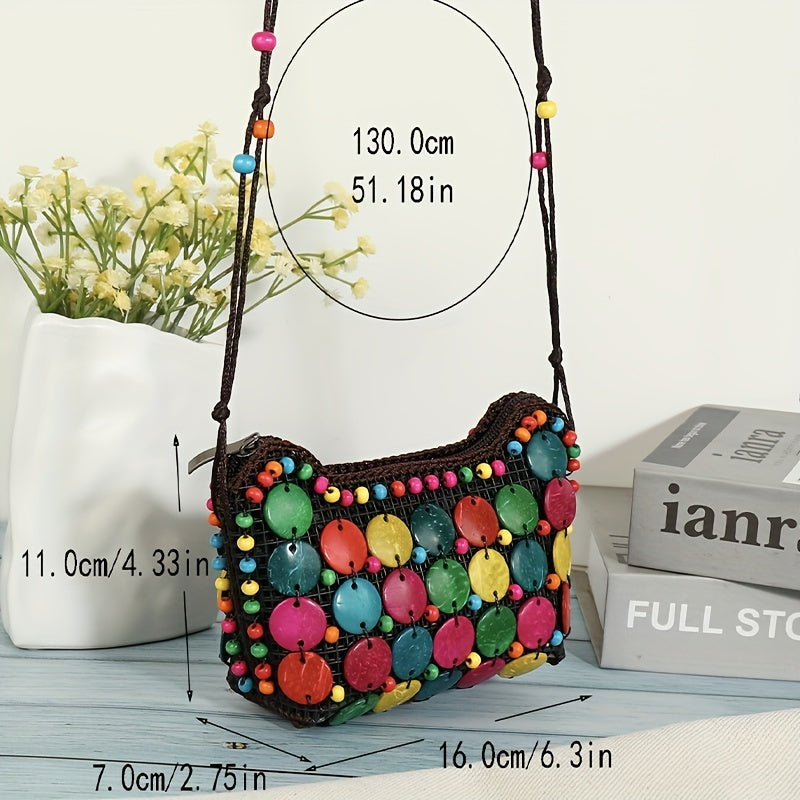 solvbao  Bohemian Colorful Beaded Crossbody Bag, Retro Ethnic Straw Shoulder Bag, Classic Travel Bag For Women