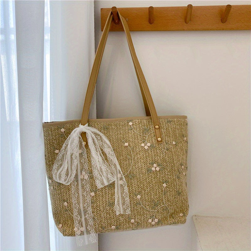 solvbao  Woven Straw Tote Bag For Women, Flower Lace Summer Beach Bag, Trendy Shoulder Bag For Travel