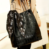 2pcs Punk Style Skull Embossed Tote Bag Set, Halloween Gothic Shoulder Bag, Scarf Decor Handbag With Crossbody Bag