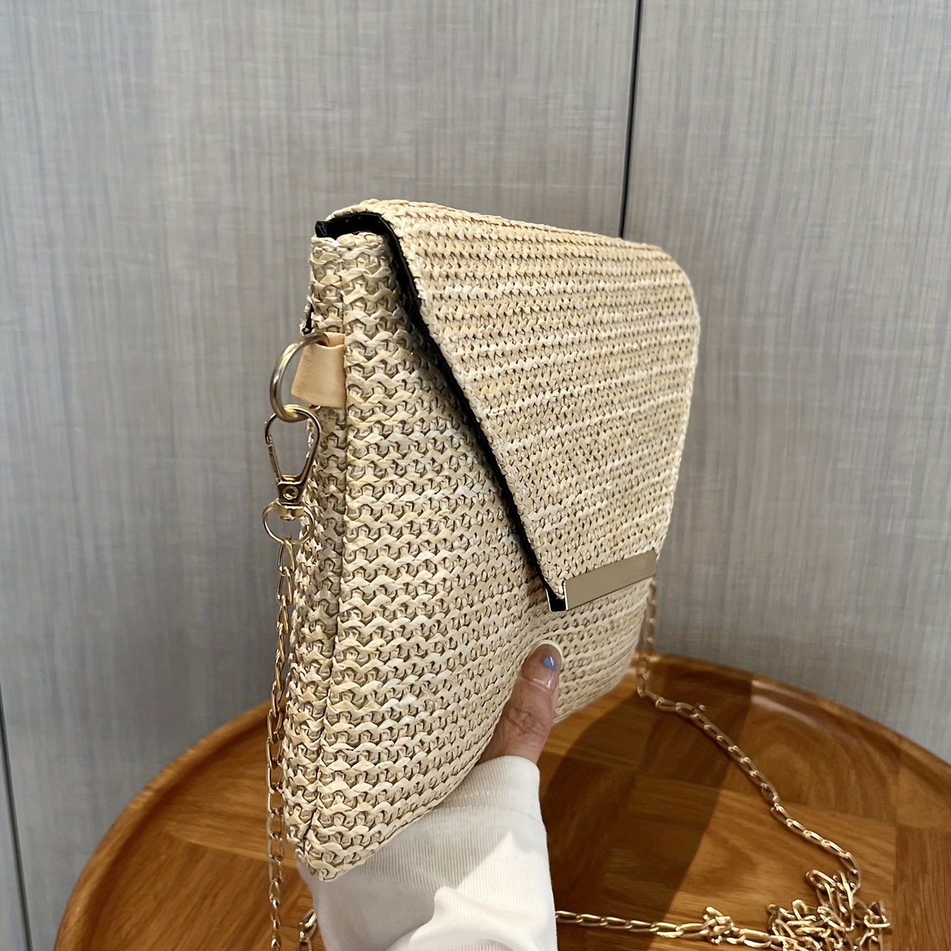 solvbao  Woven Straw Shoulder Bag, Flap Weaving Versatile Underarm Bag, Chain Strap Magnet Stylish Crossbody Bag