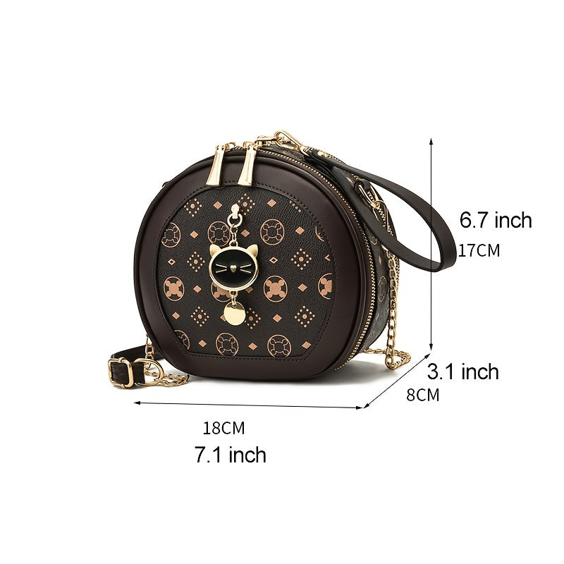 solvbao  Mini Printed Round Handbag, Fashion Chain Crossbody Bag, Women's Faux Leather Circle Purse (7.1*6.7*3.1) Inch