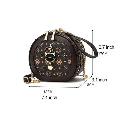 solvbao  Mini Printed Round Handbag, Fashion Chain Crossbody Bag, Women's Faux Leather Circle Purse (7.1*6.7*3.1) Inch