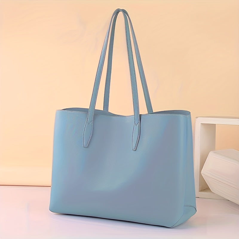 solvbao  Simple Solid Color Tote Bag, Faux Leather Shoulder Bag, Large Capacity Handbag For Shopping