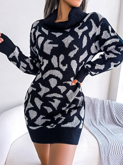 solvbaoLadies Turtleneck Leopard Print Sweater Dress, Long Sleeve Sweater Dress Without Belt, Casual Sweater Dress For Fall & Winter, Women's Clothing