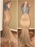 kamahe Luxurious Halter Sleeveless Lace Applique Mermaid Prom Dresses