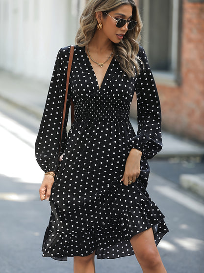 solvbao  Retro V-neck Ruffle Dress, Polka Dot Print Long Sleeve Waist Loose Summer Dresses, Women's Clothing