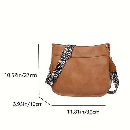 solvbao Leopard Print Straps Crossbody Bag, Solid Color Saddle Bag, Shoulder Zipper Bag For Work