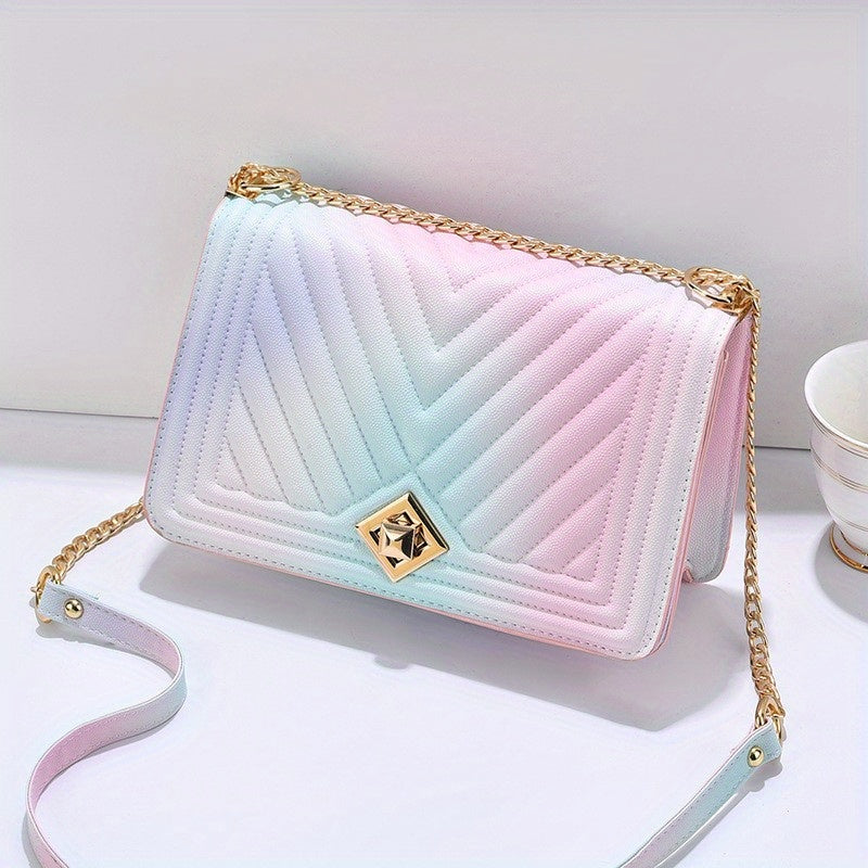 solvbao  Gradient Color Crossbody Bag, Trendy Rainbow Chain Shoulder Bag, Embossed Square Purse For Women