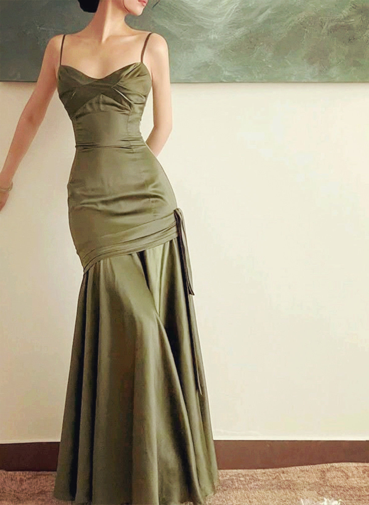 solvbao Green Satin Mermaid Long Sweetheart Evening Dress, Green Prom Dress