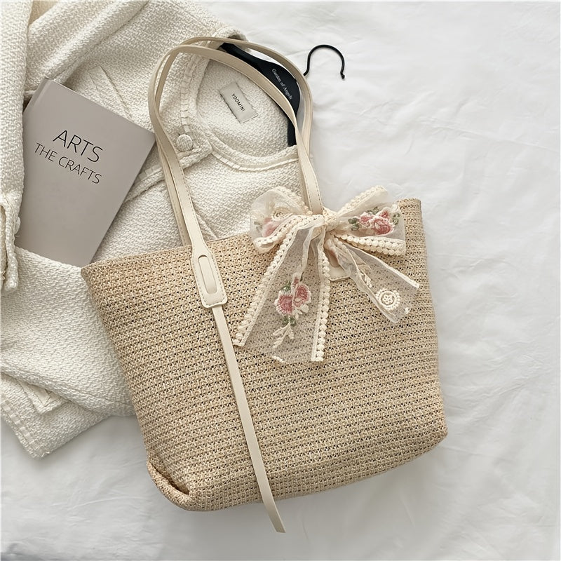 solvbao  Large-capacity Simple Woven Tote Bag, Trendy Shoulder Bag With Ribbon Decor For Beach