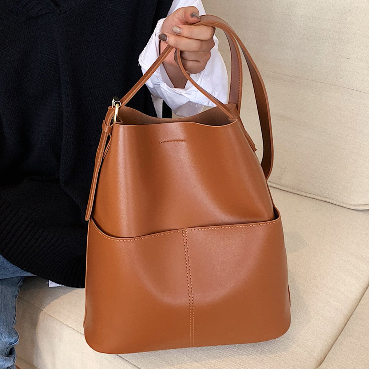 Large Capacity Bucket Bag, Women's Vintage Tote Bag With Wide Strap