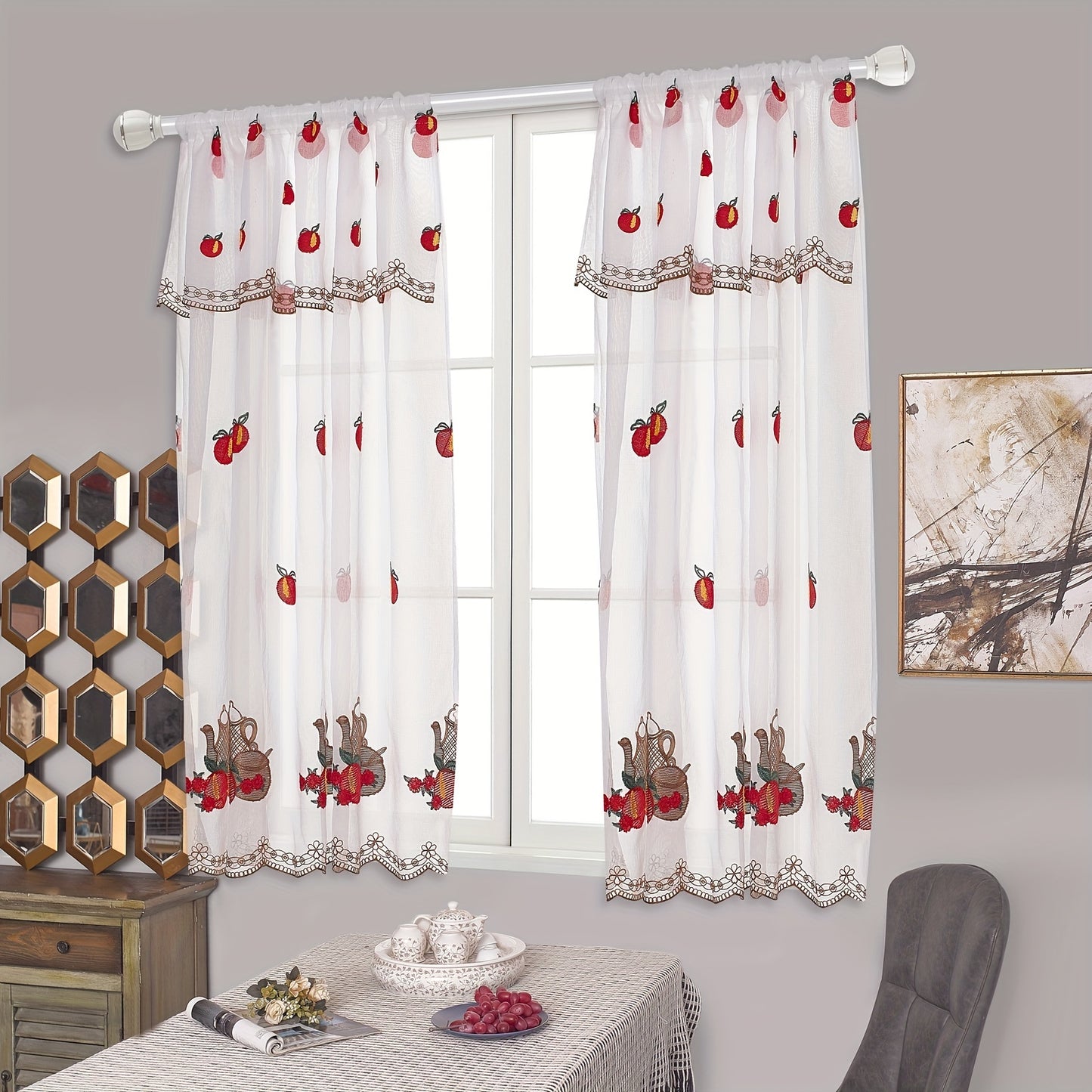 1 Panel Short Curtain, American Country Rod Pocket Small Window Embroidery Fruit Pattern Curtain for Living Room, Study, Balcony Home Decoration