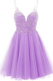 A-line Straps Appliques Tulle Short Homecoming Dress